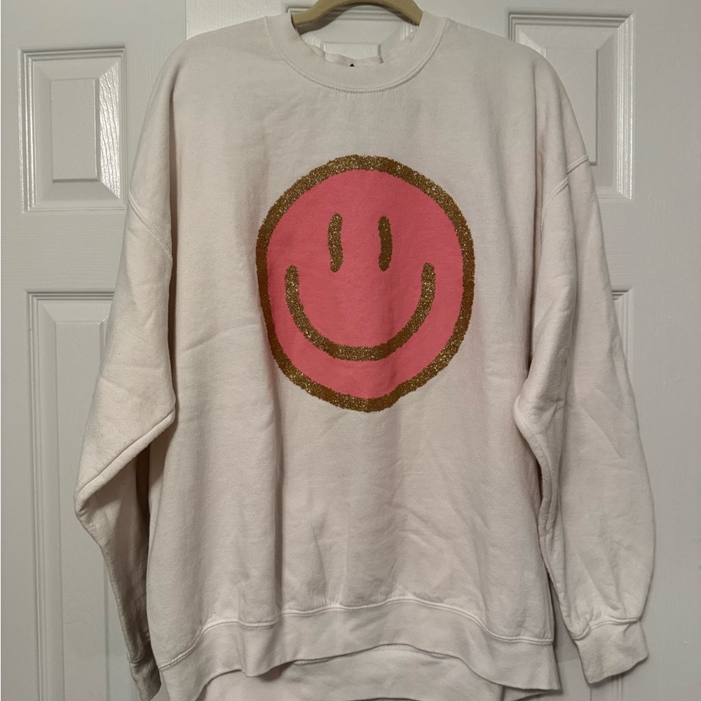 White Sweatshirt with Pink Smiley Face